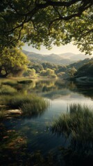 Serene lake with lush green grass and trees framing the tranquil water. Calm nature landscape reflection on a summer day.