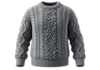 A neutral gray cable-knit sweater displays intricate patterns and textures.