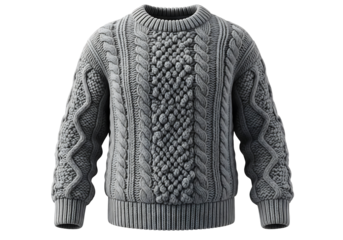 A neutral gray cable-knit sweater displays intricate patterns and textures.
