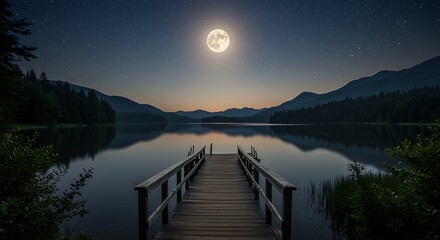 Serene Moonlit Lake Night Scenery Wooden Dock moon stars mountains forest trees pier water reflection serenity peaceful tranquil nature