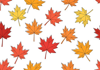 A vibrant autumnal pattern features maple leaves in varying shades of red and orange against a dark background.