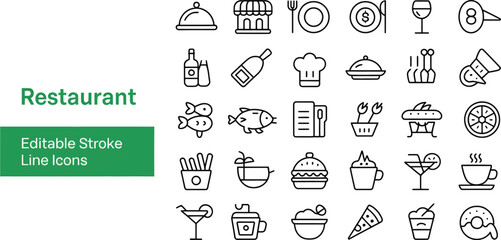 Restaurant food menu editable stroke line icons set meal dish drink chef burger pizza coffee fish wine vector silhouette