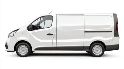 A large white delivery van is parked in a loading zone. The vehicle's sleek design is highlighted by the sunlight. The surrounding area is well-lit, showcasing the van's features