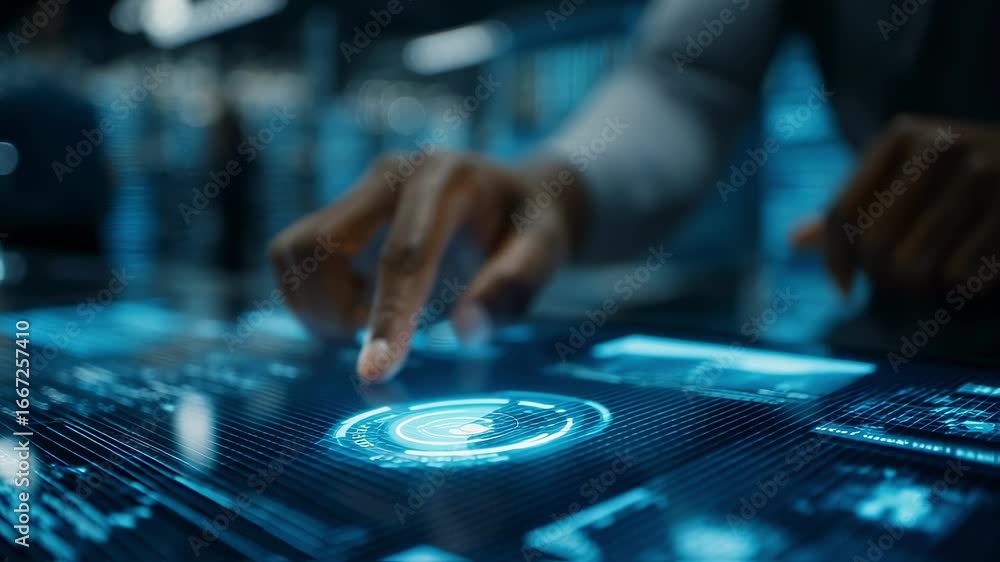 Aufkleber medium shot of hands configuring cybersecurity settings on a digital dashboard with the rest of the 