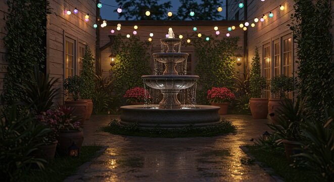 Enchanting courtyard with tiered fountain and string lights at dusk