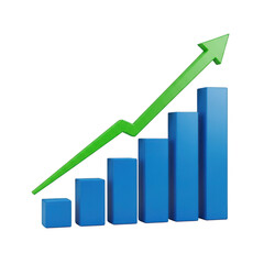 Rising bar chart with upward trend green arrow demonstrating financial growth transparent background