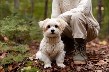 Dog wears a warm sweater while owner kneels beside it in the woods Generative AI