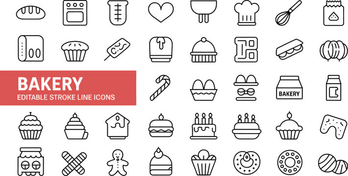 Bakery bread cake cupcake dessert food sweet pastry bake shop cookie chef icon vector design set silhouette