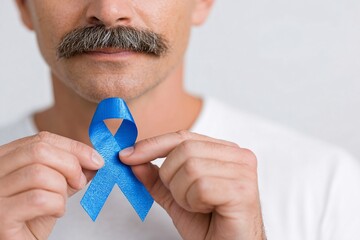 Man ties blue ribbon highlighting men's health awareness Generative AI