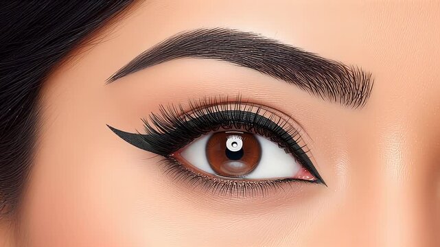 Close-up of a beautifully enhanced eye featuring dramatic eyeliner and lush eyelashes, showcasing the artistry of makeup application and the elegance of eye beauty