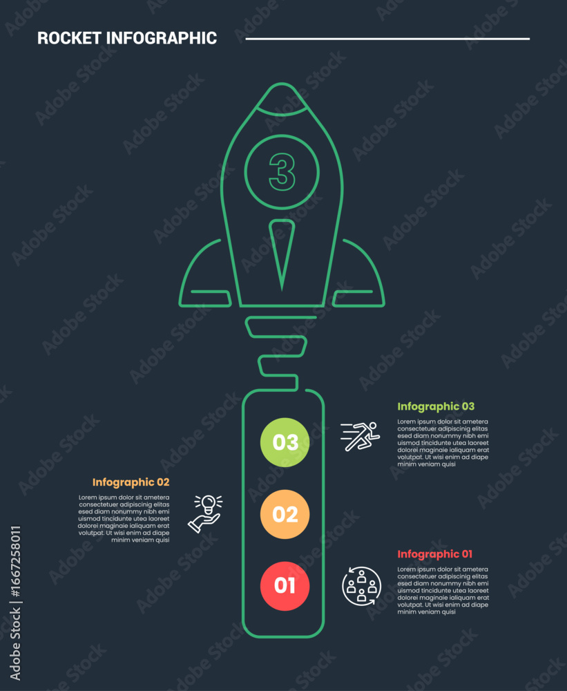Poster rocket launch concept infographic process diagram with big rocket with vertical style and circle poi