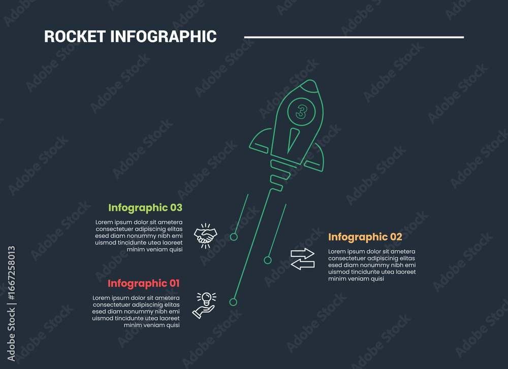 Poster rocket launch concept infographic process diagram with launching rocket with skew direction with dar