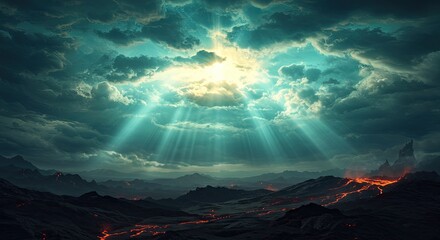 Divine light pierces stormy clouds over dramatic mountain landscape