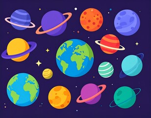 Colorful Cartoon Planets and Stars in Space Illustration.