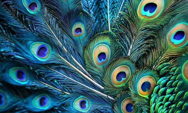 Captivating close-up of vibrant peacock feathers displaying intricate patterns