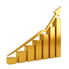 Golden bar chart with upward trend arrow symbolizing growth and success transparent background