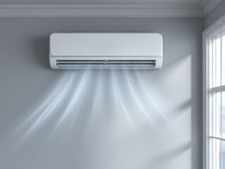 Obraz premium A modern white wall-mounted air conditioner actively cools a minimalist room, with visible streams of cool air and natural light filtering through a window.