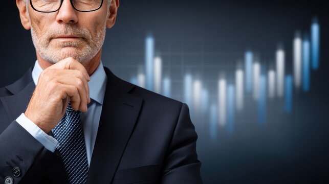 Close-up of a thoughtful, mature businessman in a suit with a striped tie, contemplating against a blurred financial stock market graph.