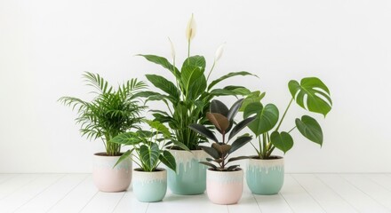 Obraz premium A collection of vibrant green houseplants in stylish pots arranged against a white background