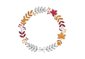 A circular autumn wreath design features vibrant fall foliage, including leaves and berries, arranged in a decorative circle against a dark background.