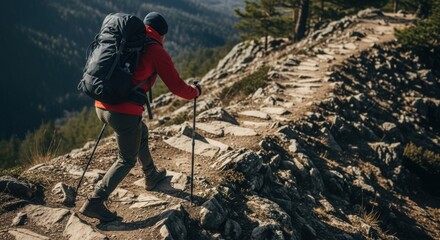 Adventurous hiker with a large backpack ascends a rocky mountain trail using trekking poles