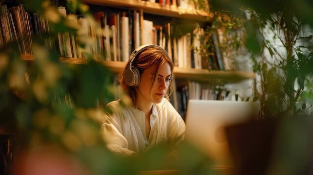 Young woman wearing headphones concentrating on her laptop, working remotely in a warm and inviting bookstore cafe surrounded by books and plants