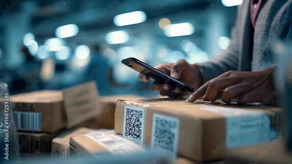 Poster warehouse worker uses smartphone to scan qr code on package, ensuring efficient inventory management