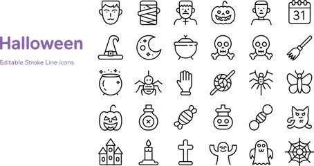 Halloween icons vector set pumpkin ghost spider witch mummy skull october spooky trick or treat web cat silhouette