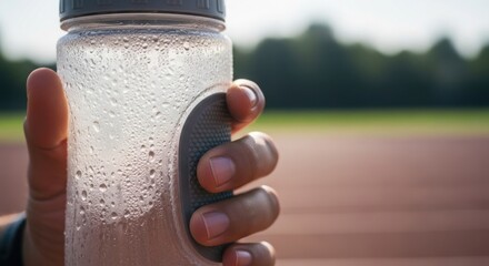 Close up of a hand holding a clear water bottle with condensation on a sunny day