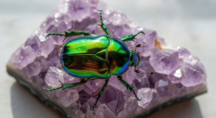 Iridescent metallic green beetle rests upon a cluster of purple amethyst crystals