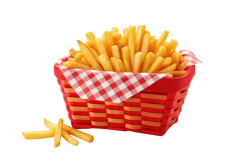 Crispy french fries in a red basket isolated on transparent background