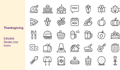 Thanksgiving icons turkey pumpkin corn grape church calendar autumn food dinner vector illustration set silhouette