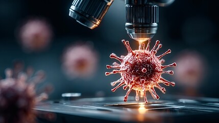Microscope magnifying a vibrant red coronavirus sample in a laboratory setting, while other coronavirus images blur softly in the background, enhancing the focus on analysis and research