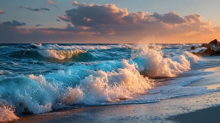 Golden sunlight illuminates powerful ocean waves crashing onto a sandy beach at sunset, creating a breathtaking and serene coastal landscape