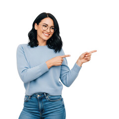 Smiling woman with glasses points to the right side of the frame transparent background