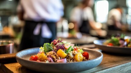 Medium focused shot of a plated farmtotable dish featuring colorful vegetables and grains the background kitchen staff and dining room softly out of focus highlighting fresh - Powered by Adobe