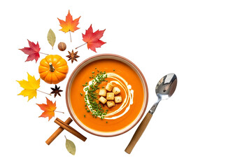Autumnal pumpkin soup in a terracotta bowl, garnished with autumn leaves, croutons, and a drizzle of cream, presented on a dark background.