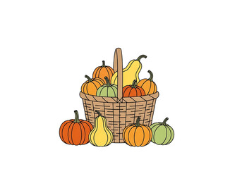 A charming illustration depicts a wicker basket overflowing with colorful pumpkins and gourds against a stark black backdrop.
