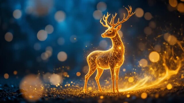 Beautiful golden deer silhouette with glowing particles, standing on the right side of an abstract blue background, swirls of sparkling golden dust and bokeh lights. 4k video