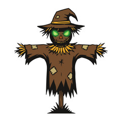 Eerie scarecrow with glowing green eyes stands guard in the autumn field, perfect for Halloween designs and harvest season promotions