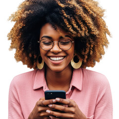 Joyful young woman wearing glasses smiling while using a smartphone transparent background
