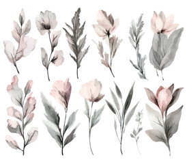Muted watercolor floral and leaf illustrations in soft tones