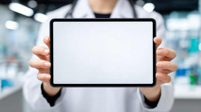 A medical professional holding a blank tablet screen toward the camera, inviting healthcare messaging telemedicine interfaces and patient information presentation and branding.
