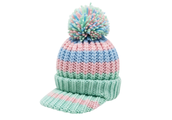 A vibrant, knitted beanie with a pom-pom and a visor, featuring a striking combination of pastel pink, light teal, and baby blue stripes.