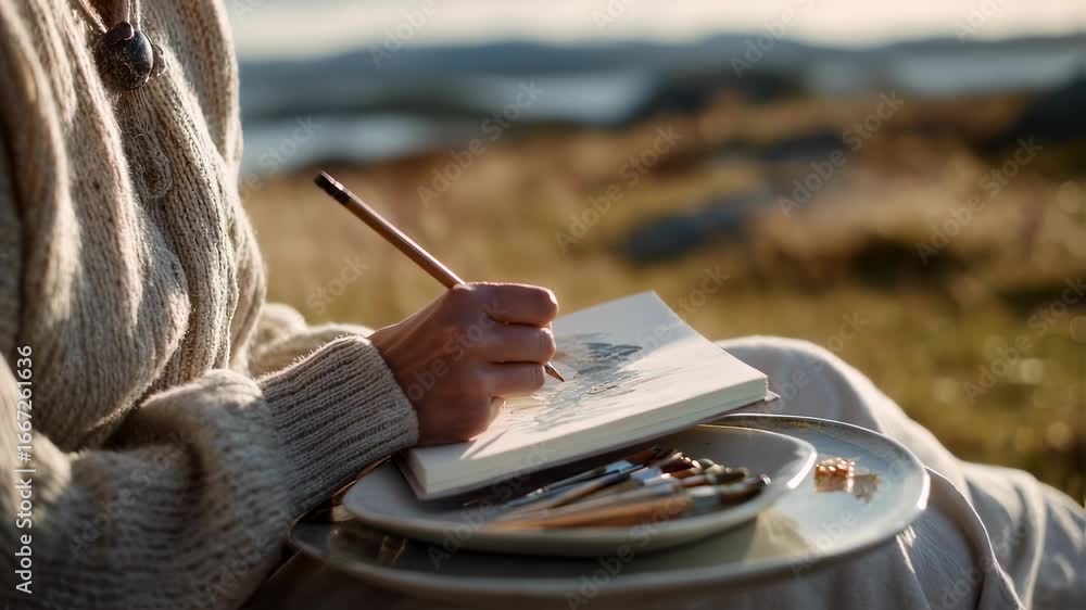 Poster medium shot centered on a person sketching in a notebook pencil and paper plate in clear view with s