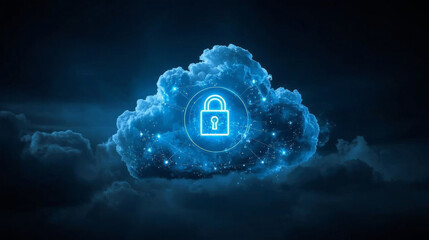 Futuristic glowing lock embedded within a digital cloud in a dark sky