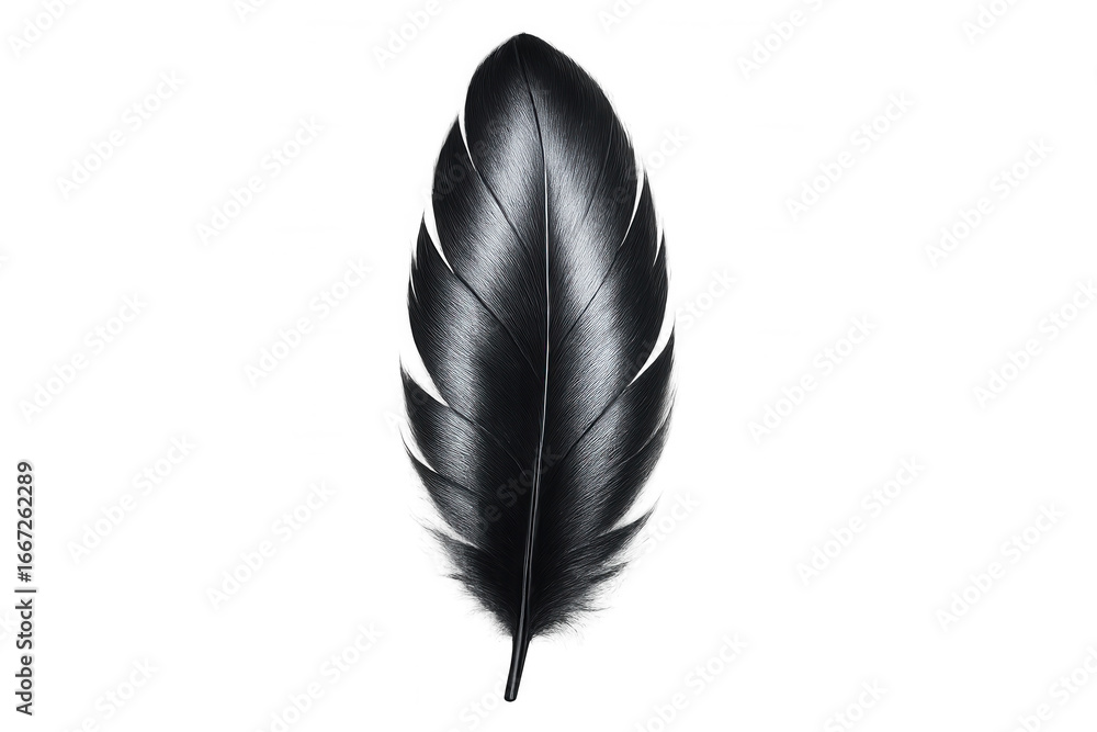 Poster close-up of a single, shiny black feather with a metallic sheen, isolated on a transparent backgroun