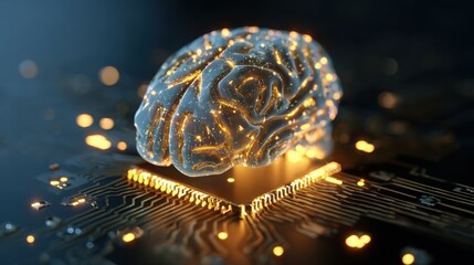 A luminous brain model sits atop a microchip, symbolizing the fusion of neuroscience and technology. The intricate details highlight advancements in artificial intelligence and computing