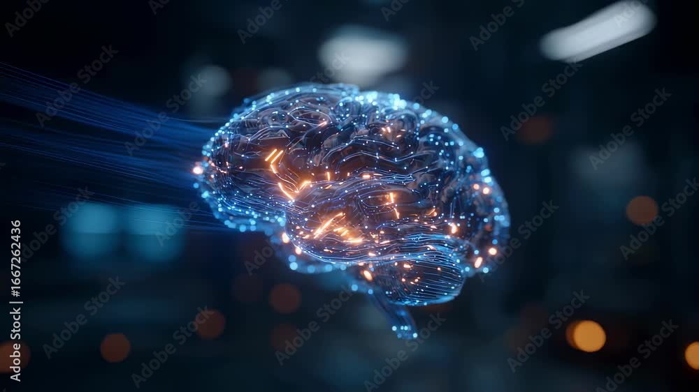 Poster medium shot of a digital brain hologram pulsating with circuits and energy waves with the dimly blur