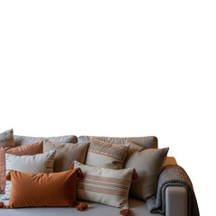 Cozy living room scene with textured pillows and a soft throw blanket on a sofa transparent background